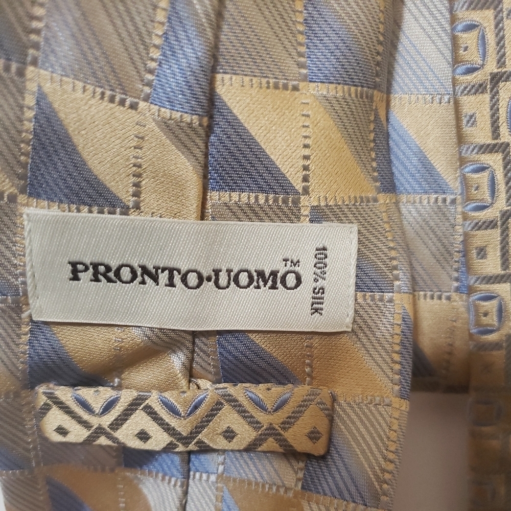 Pronto uomo 100% silk geometric tie gold and blue